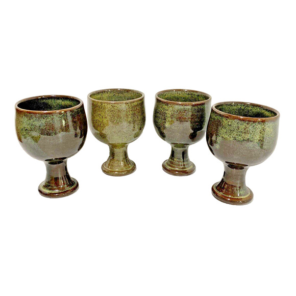 Vintage Jugtown Pottery Glazed Goblets Wine Glasses Green Brown Artisan Handmade - Picture 1 of 12